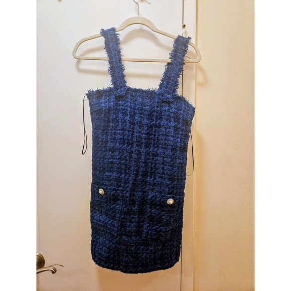 NWT Zara Cobalt Blue Textured Tweed Pinafore Mini Dress, Women's Extra Small XS - Picture 2 of 12